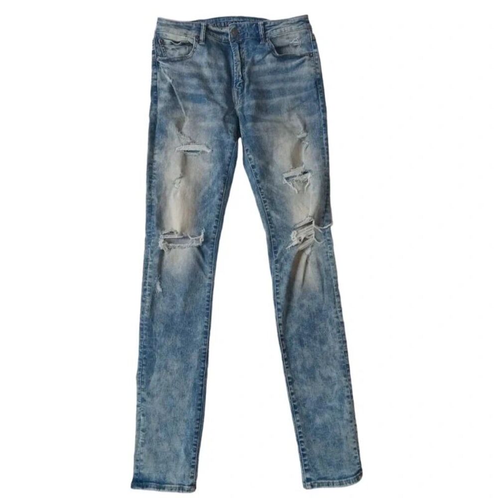 American Eagle X Young Money Blue Distressed Stacked Skinny Jeans Men's 33x32
